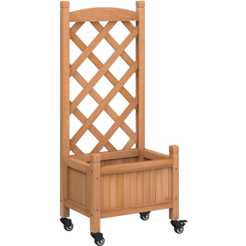 Jardinière bac lit surélevé plantes fleurs terrasse jardin avec treillis et roues bois massif de sapin marron