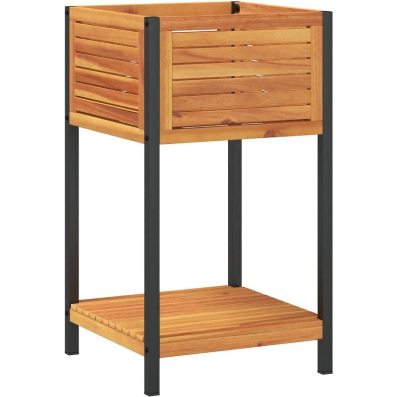 Jardinière bac lit surélevé plantes fleurs terrasse jardin et étagère 45 x 45 x 80 cm bois massif d'acacia et acier marron
