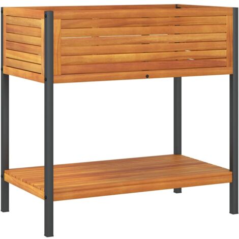Jardinière bac lit surélevé plantes fleurs terrasse jardin et étagère 80 x 45 x 80 cm bois massif d'acacia et acier marron