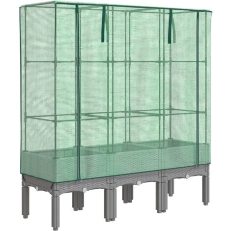 Jardinière bac lit surélevé plantes fleurs terrasse jardin surélevée avec housse aspect rotin 120 x 40 x 140 cm gris clair