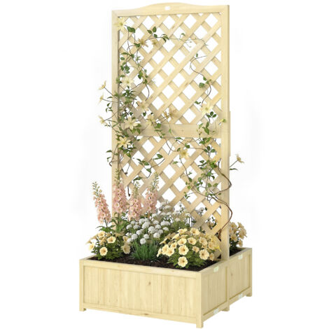 Jardinière bois pliable avec treillis carré, double bac à fleurs pour plantes grimpantes, 73x70x170 cm, naturelle