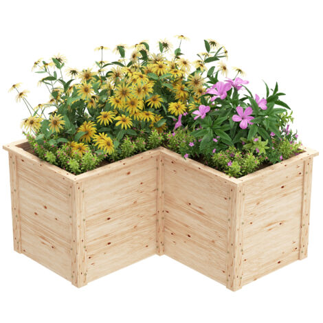 Jardinière en forme de L, lit surélevé de jardin, bac à fleurs à fond ouvert, en bois 120 x 120 x 62 cm, bois naturel