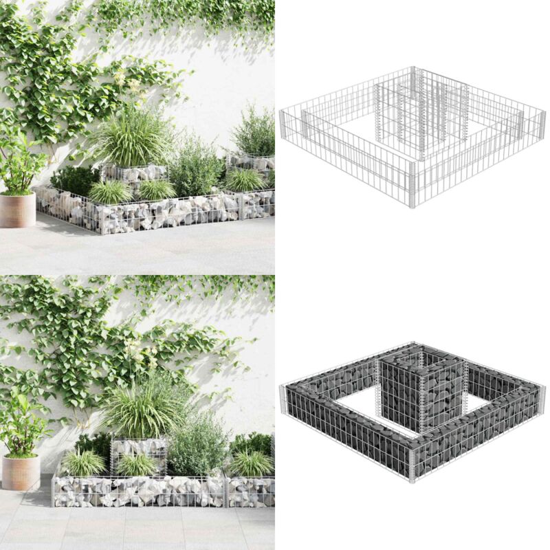Jardinière en gabion Acier galvanisé 120x120x20 cm - Jardiniere Gabion - Cloture Metallique - Decoration Exterieur - Bac Plante Argent - Bordure
