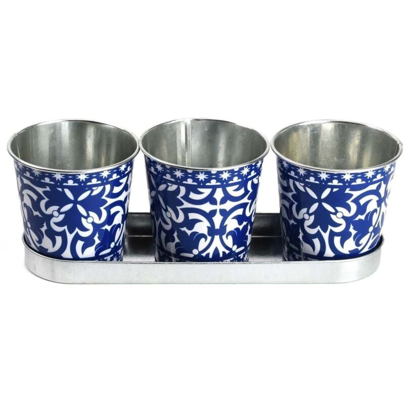 Esschert Design - Jardinière 3 pots - l 10,1 x l 29,6 x h 10,1 cm - Bleu - Livraison gratuite
