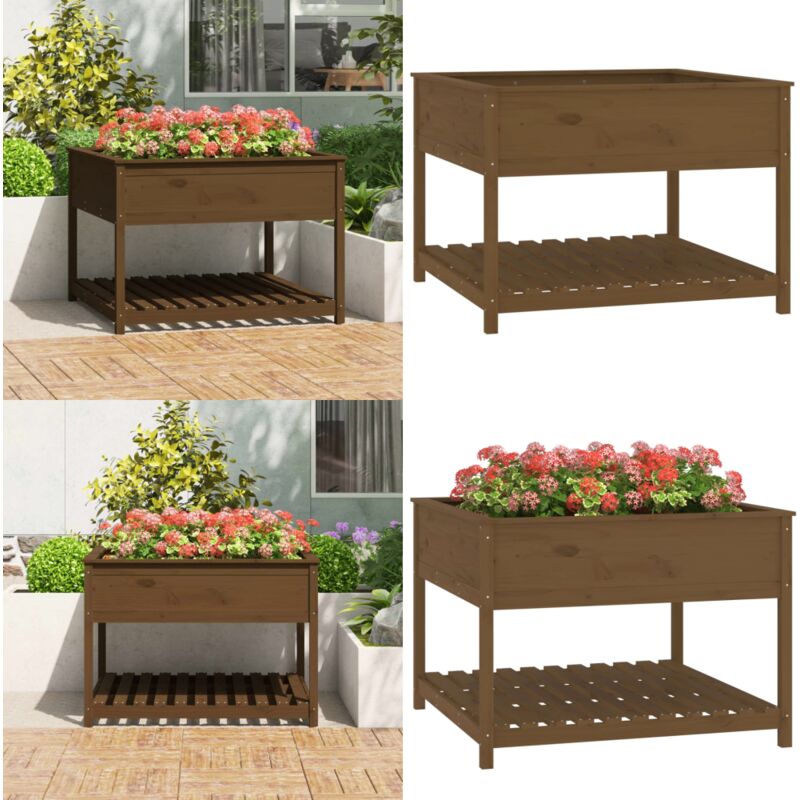 Jardinière et étagère Marron miel 111,5x111,5x81 cm Bois de pin - Jardinier En Bois - Jardinière Extérieure - Pot De Fleurs Grand Format - Rangement