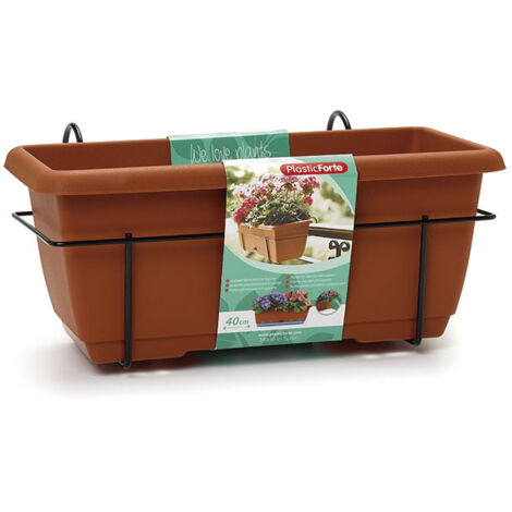 Jardinière imitation terre cuite 40 cm avec plateau et support – Pour balustrade de terrasse ou balcon – Décoration extérieure durable – Plasticforte