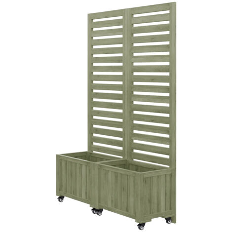 Jardinière mobile en bois avec treillis et roulettes – Support pour plantes grimpantes – Usage extérieur patio et jardin – Vert