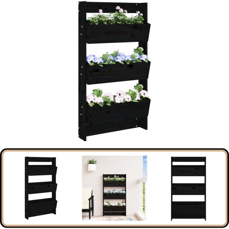 Jardinière murale 3 niveaux 60x18,5x110 cm noir bois pin massif - Jardin Mural - Jardinière Murale - Jardinière Suspendue - Pot De Fleurs Extérieur