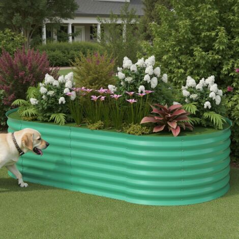 Jardinière ovale surélevée - 180 x 90 x 60 cm - Bac à fleurs en acier galvanisé de 0,6 mm avec fond ouvert-Vert