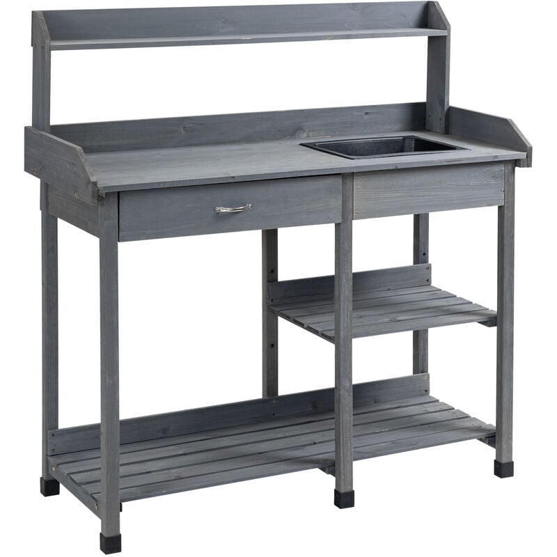 Outsunny - Table de rempotage jardinage multi-équipée - tiroir, 3 étagères, évier, 3 crochets - bois sapin pré-huilé gris