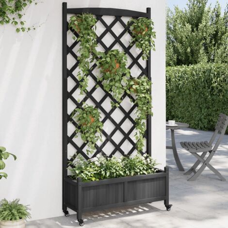 Jardinière  Pot de Fleurs avec treillis et roues noir bois massif de sapin CVW89312