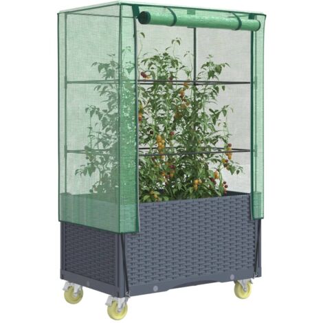 Jardinière  Pot de Fleurs surélevée avec housse et roues aspect rotin CFW63902