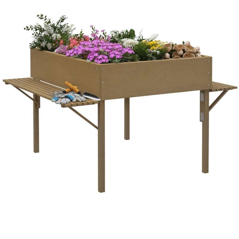 Jardinière rectangulaire sur pied - 12 compartiments, tablettes latérales rabattables - bois de sapin