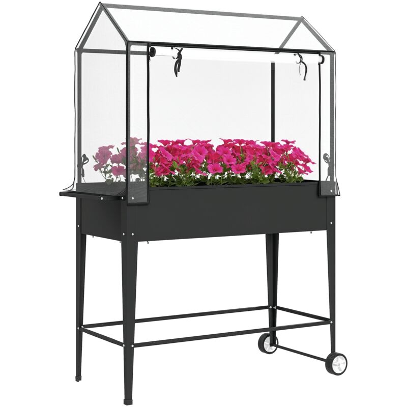 Jardinière sur pied avec serre - carré potager sur pied - 2 roues - 100 x 45 x 152 cm - métal pvc noir