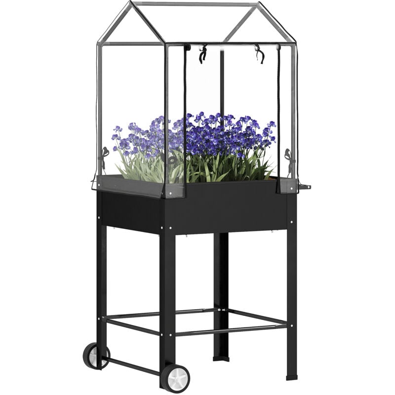 Outsunny - Jardinière sur pied avec serre - carré potager sur pied - 2 roues - 67 x 69 x 147 cm - métal pvc noir
