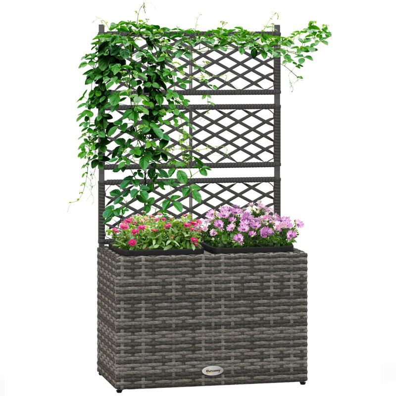 Jardinière sur Pied avec Treillis pour Plantes Grimpantes, Bac surélevé avec 2 Pots Intégrés, Structure en Acier et PE Simili-Rotin, 57x30x107cm, Gris