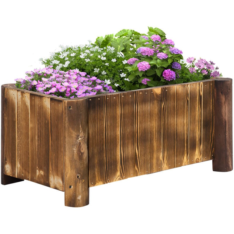 Outsunny - Jardinière sur pied bac à fleurs dim. 70L x 35l x 30H cm piètement demi rondin corps aspect lattes bois sapin traité carbonisation - Marron