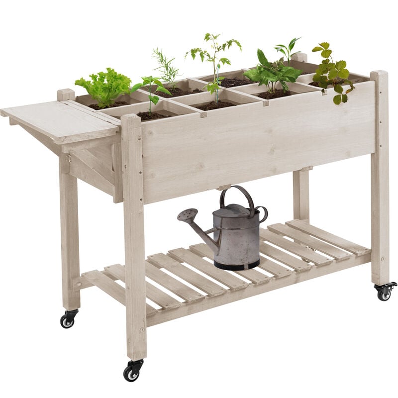 Jardinière sur pied - potager sur roulettes - étagère, tablette rabattable, inserts d'irrigation, feutre drainage - bois pré-huilé clair