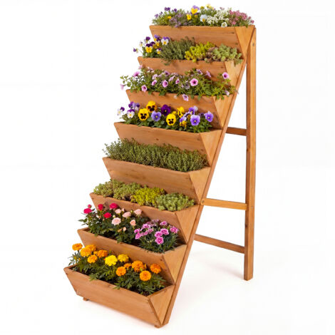 Jardiniere sur Pieds à 8 Niveaux, Potager Surélevé en Bois avec 8 Plates-Bandes en Forme de V et Structure Triangulaire Solide, Bac Jardinage, Orange