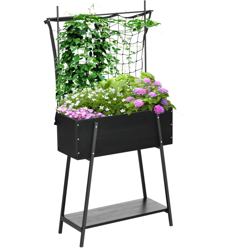 Jardinière sur pieds avec treillis filet - étagère - métal époxy sapin noir