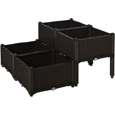 Jardinière sur pieds carré potager 2 étages dim. 80L x 80l x 44H cm insert d'irrigation plastique imitation rotin tressé chocolat
