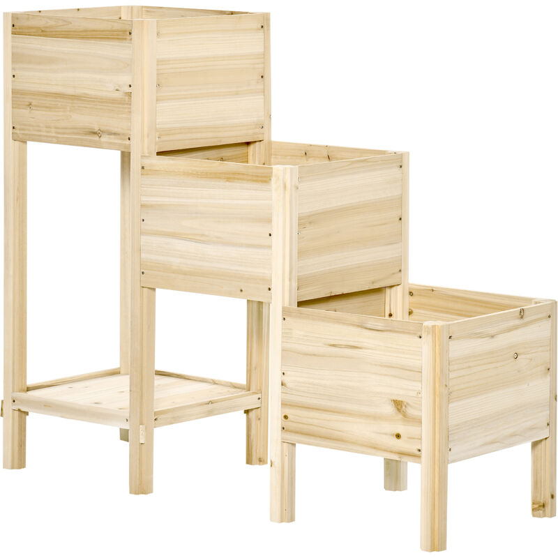 Jardinière sur pieds carré potager 3 étages dim. 125L x 45l x 108H cm inserts d'irrigation étagère bois sapin naturel - Beige