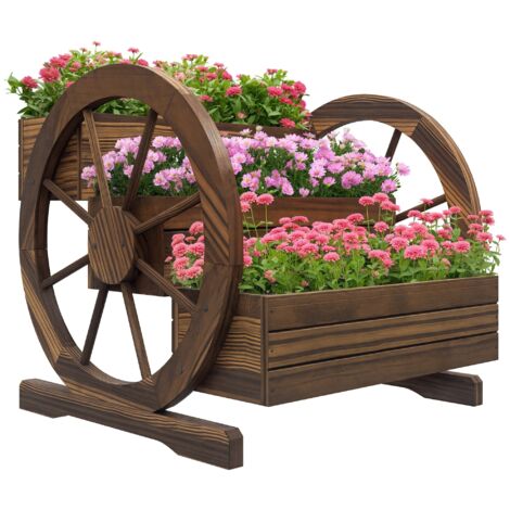 Jardinière sur Pieds carré Potager 3 étages Style Rustique avec 2 roues Charrette trous de drainage, 62x61x57cm marron