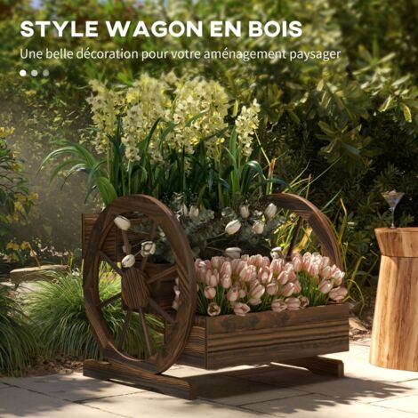 Jardinière sur Pieds carré Potager 3 étages Style Rustique avec 2 roues Charrette trous de drainage, 62x61x57cm marron