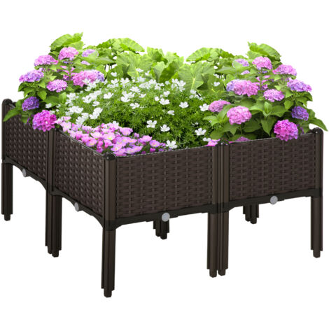 Jardinière sur pieds carré potager dim. 80L x 80l x 44H cm inserts d'irrigation inclus PP imitation rotin tressé chocolat