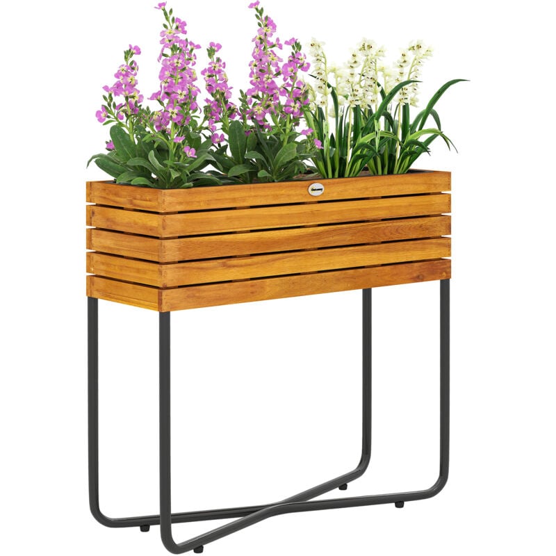 Jardinière sur pieds design bois - potager sur pieds - 62 x 22,5 x 61 cm - acier noir acacia verni