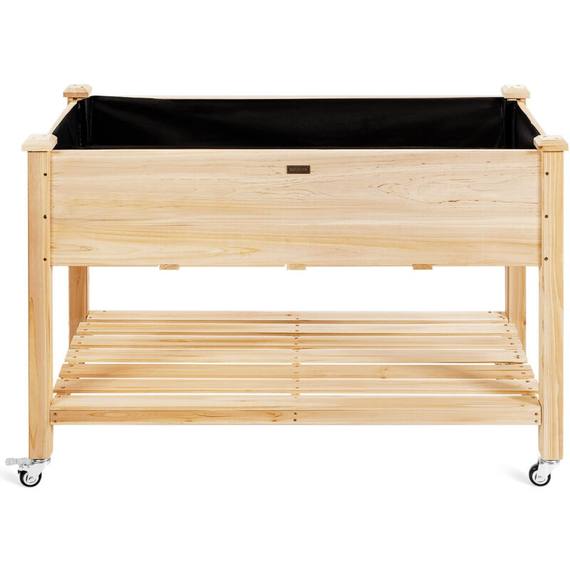 Jardinière sur pieds en bois de sapin 120 x 59 x 84 cm potager sur roulettes avec doublure de protection et 4 trous de drainage