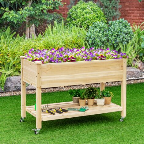 Jardinière sur pieds en bois de sapin 120x59x84 cm potager sur roulettes avec doublure protection CWXT1042 DESIGN IN