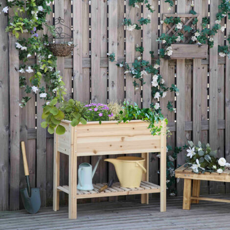 Jardinière sur pieds potager avec étagère à lattes 90 x 40 x 81 cm inserts d'irrigation. géotextile inclus bois massif