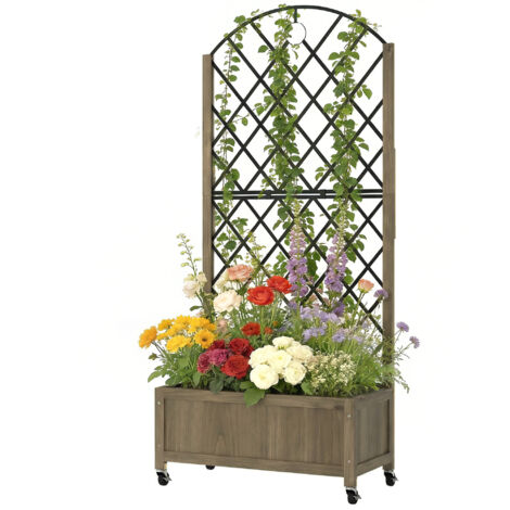 Jardinière sur roues avec treillis en acier, bac à fleurs en bois sur roulettes verrouillables, 72x36x168 cm, finition carbonisée