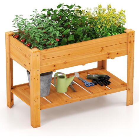 Jardinière Surélevé en Bois avec Trou de Drainage, Lit de Jardin avec Pieds et Étagère, Bac de Culture pour Plantes Fleurs Végétaux (Marron)