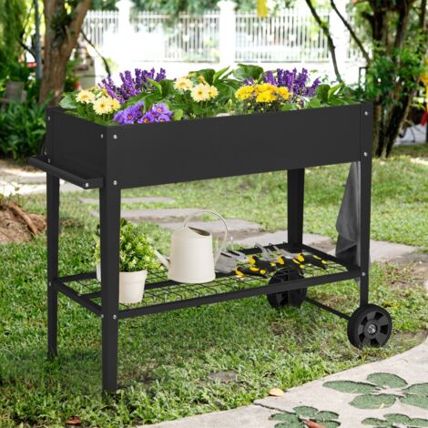 Jardinière Surélevé en Métal avec Pieds Lit de Jardin sur Roulette avec Étagère Trous de Drainage Crochets de Suspension et Poignée Noir