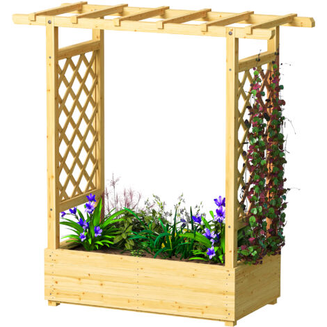 Jardinière surélevée 110x44x113cm bois naturel avec treillis latéral et supérieur, bac à fleurs trous de drainage
