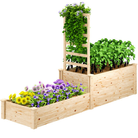 Jardinière surélevée à 2 bacs, fond ouvert, treillis inclus, balcon terrasse patio, 222x63x132 cm, aspect bois naturel