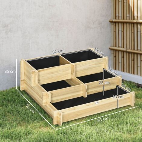Jardinière surélevée à 3 niveaux, avec ouverture de drainage et doublure en tissu, en bois naturel, 93 x 93 x 35 cm