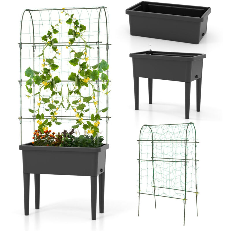 Jardinière surélevée à arrosage automatique avec treillis lit de jardin avec indicateur de niveau d'eau trou de drainage pour fleurs légumes noir