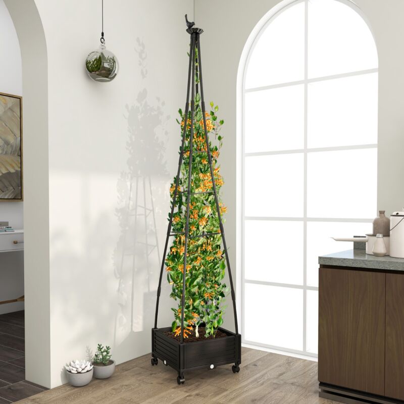 Jardinière surélevée à roulettes avec treillis et auto-drainage décorative 41x41x208 cm noir CW14716