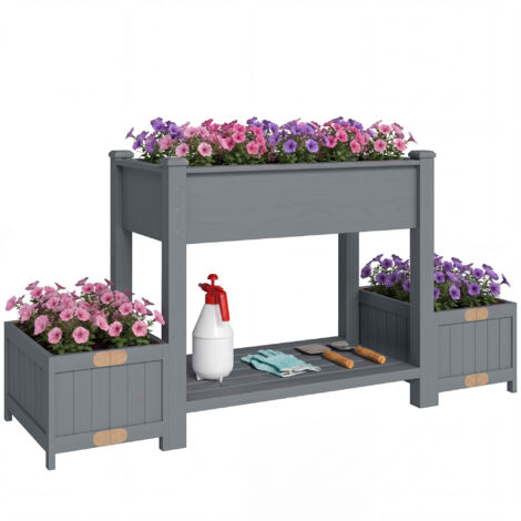 Jardinière surélevée avec 2 pots latéraux et étagère à outils, en bois de sapin, 149x46x76 cm, gris