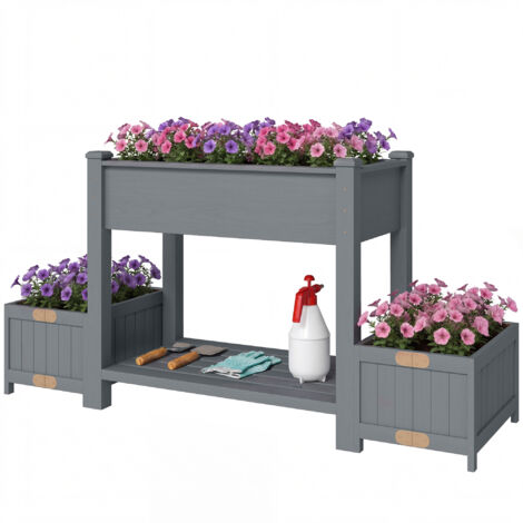 Jardinière surélevée avec 2 pots latéraux et étagère à outils, en bois de sapin, 149x46x76 cm, gris