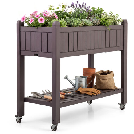 Jardinière Surélevée avec roulettes, Lit de Jardin avec Moniteur d’Eau, Trou de Drainage Étagère de Rangement, Bac à Plantes Divisible Élevé