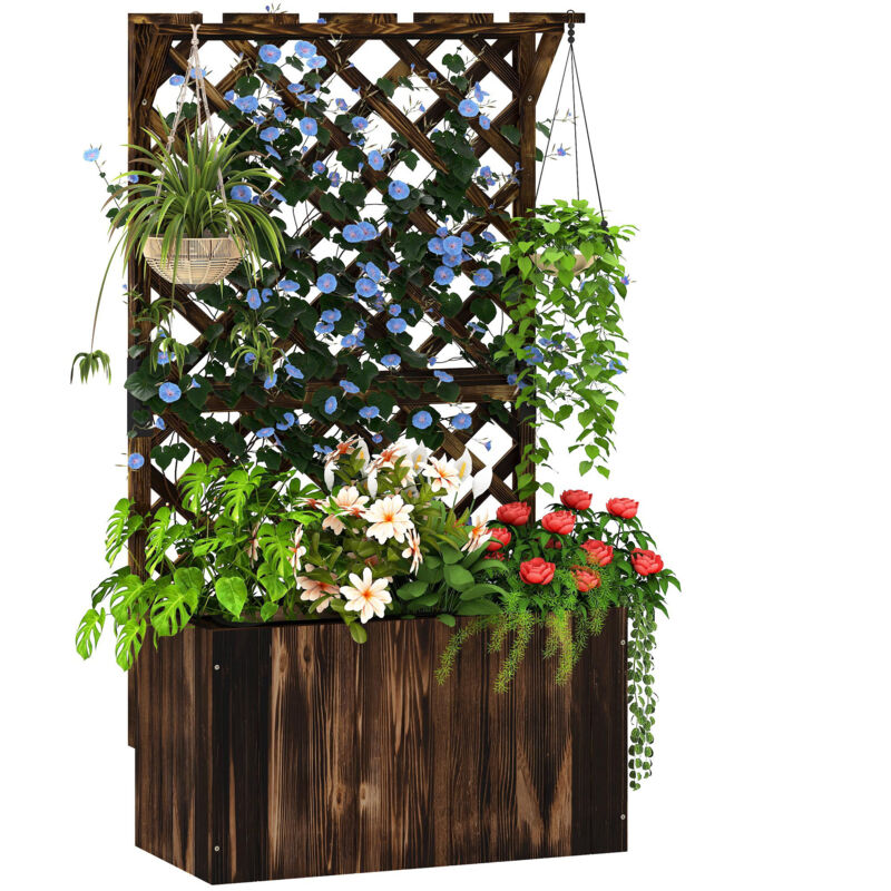 Jardinière surélevée avec treillis, bac à fleurs en bois, treillis de jardin 64 x 33 x 122 cm, finition carbonisée