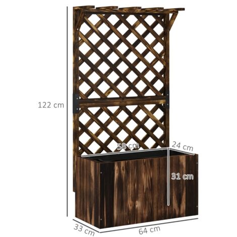 Jardinière surélevée avec treillis, bac à fleurs en bois, treillis de jardin 64 x 33 x 122 cm, finition carbonisée