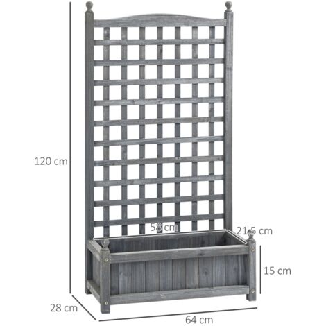 Jardinière surélevée avec treillis, bac à fleurs, jardinière pour plantes grimpantes, arche pour rosiers avec support pour plantes grimpantes, bois de jardin, gris, 64 x 28 x 120 cm