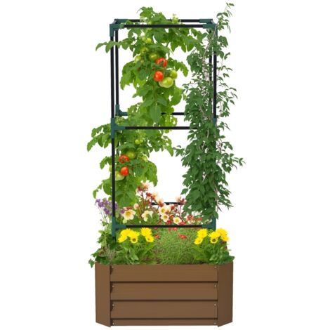 Jardinière surélevée avec treillis, bac à plantes grimpantes, fond ouvert, résistante aux intempéries, 61 cm x 61 cm x 140 cm, marron