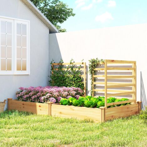 Jardinière surélevée avec treillis. jardinière en bois avec 3 treillis. séparateur. fond ouvert. 240 x 125 x 102 cm. bois naturel