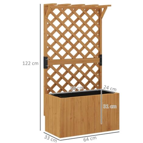 Jardinière surélevée avec treillis, toit en pergola et trous de drainage, jardinière d'extérieur en sapin pour plantes grimpantes, fleurs et légumes, 64 x 33 x 122 cm, couleur bois